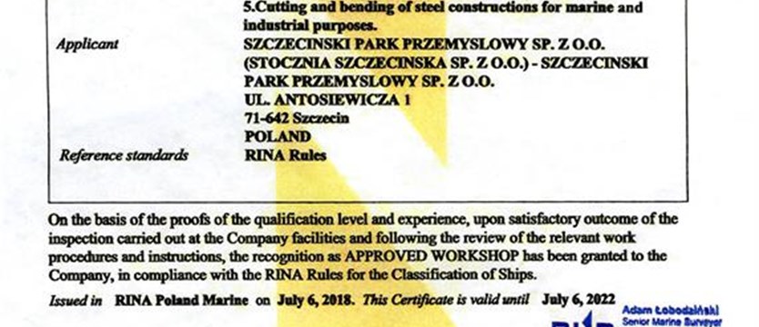 Firma RINA przyznała certyfikaty