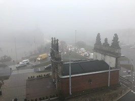Szczecin we mgle. Zamku nie widać